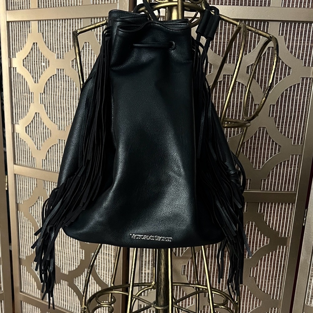 Black Faux Leather Drawstring Bag with Fringe